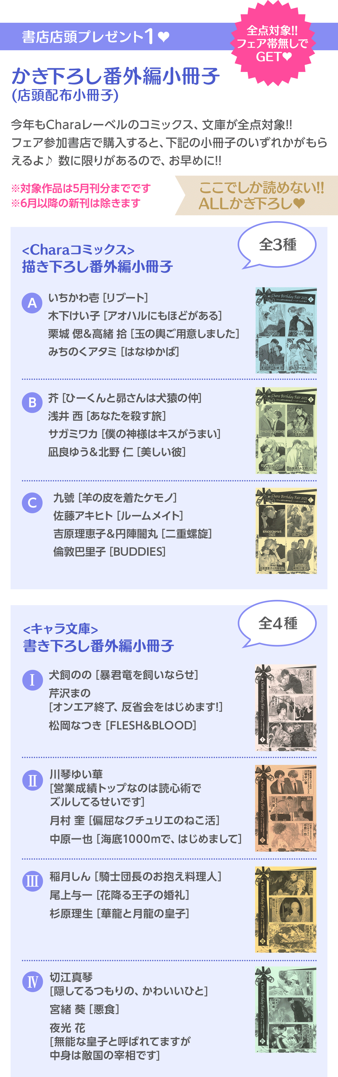 書店店頭プレゼント１♥かき下ろし番外編小冊子 (店頭配布小冊子)　全点対象!! フェア帯無しでGET♥／＜Charaコミックス＞描き下ろし番外編小冊子　【A】いちかわ壱［リブート］木下けい子 [アオハルにもほどがある]栗城 偲＆高緒 拾 [玉の輿ご用意しました]みちのくアタミ [はなゆかば]【B】芥 [ひーくんと昴さんは犬猿の仲]浅井 西 [あなたを殺す旅]サガミワカ [僕の神様はキスがうまい]凪良ゆう＆北野 仁 [美しい彼]【C】九號 [羊の皮を着たケモノ]佐藤アキヒト [ルームメイト]吉原理恵子＆円陣闇丸 [二重螺旋]倫敦巴里子 [BUDDIES]／＜キャラ文庫＞書き下ろし番外編小冊子　【Ⅰ】犬飼のの [暴君竜を飼いならせ]芹沢まの [オンエア終了、反省会をはじめます!]松岡なつき [FLESH&BLOOD]【Ⅱ】川琴ゆい華 [営業成績トップなのは読心術でズルしてるせいです]月村 奎 [偏屈なクチュリエのねこ活]中原一也 [海底1000mで、はじめまして]【Ⅲ】稲月しん [騎士団長のお抱え料理人]尾上与一 [花降る皇子の婚礼]杉原理生 [華龍と月龍の皇子]【Ⅳ】切江真琴 [隠してるつもりの、かわいいひと]宮緒 葵 [悪食]夜光 花 [無能な皇子と呼ばれてますが中身は敵国の宰相です]